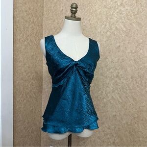 VTG Y2K 2000s Teal Blue Crinkle Twist Front Tie Back Satin Mermaidcore Top